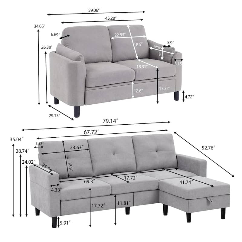 3 Pieces Living Room Set with Storage Ottoman