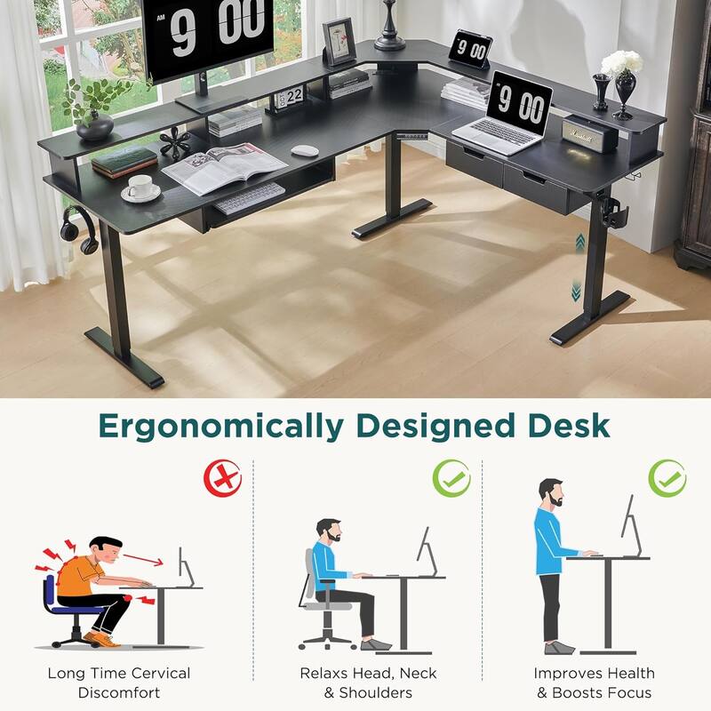 L Shaped Electric Standing Desk,Corner Gaming Desk w/ Charging Station