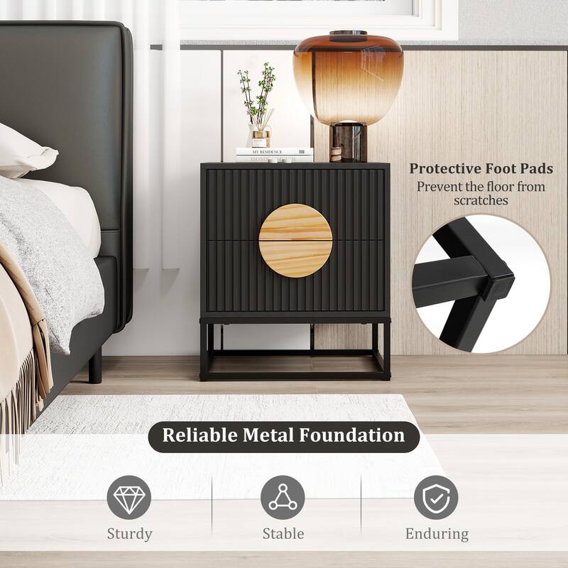 Modern Wooden Fluted Nightstand with 2 Storage Drawers and Metal Base for Bedroom