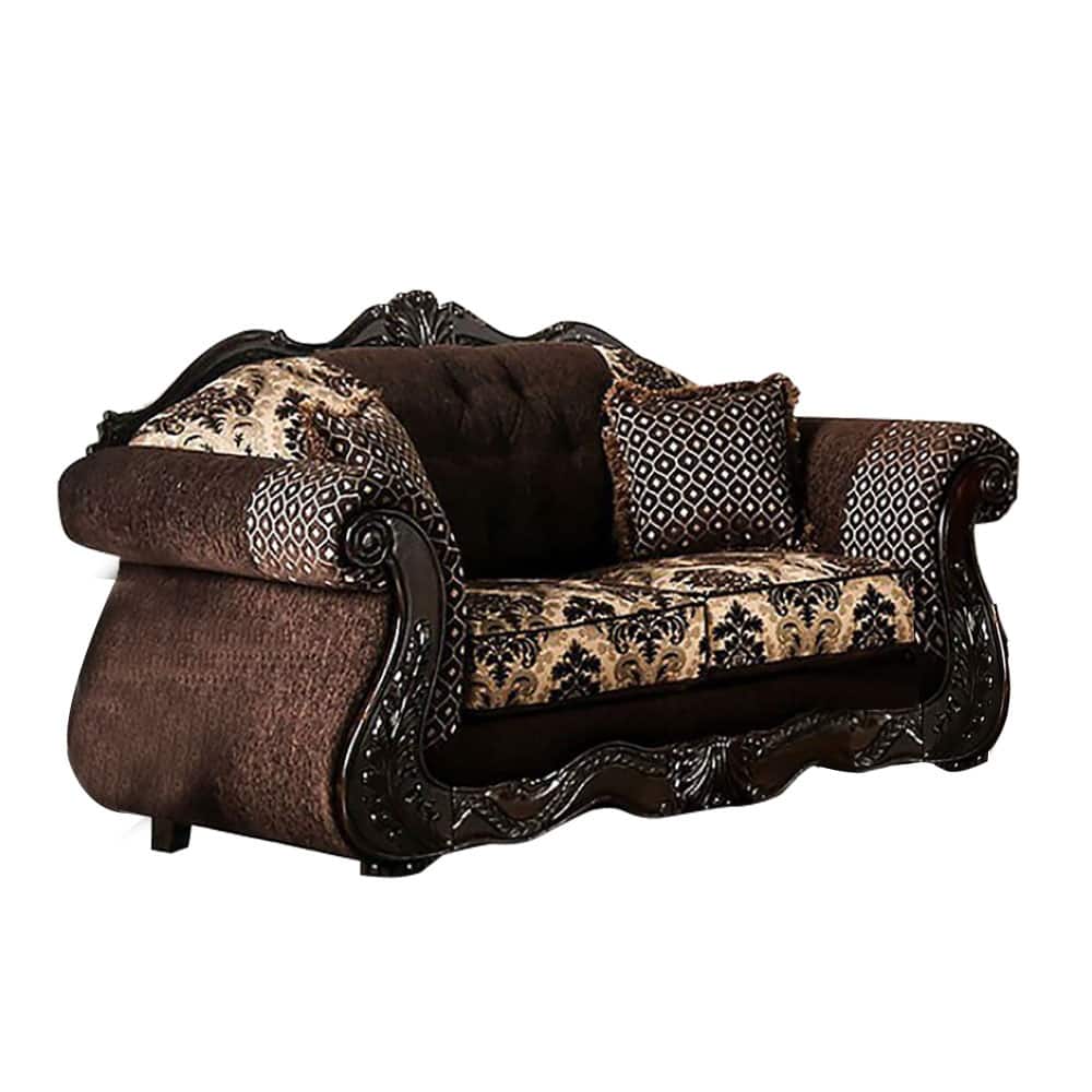 Chenille Love Seat with Button Tufting Design in Dark Brown