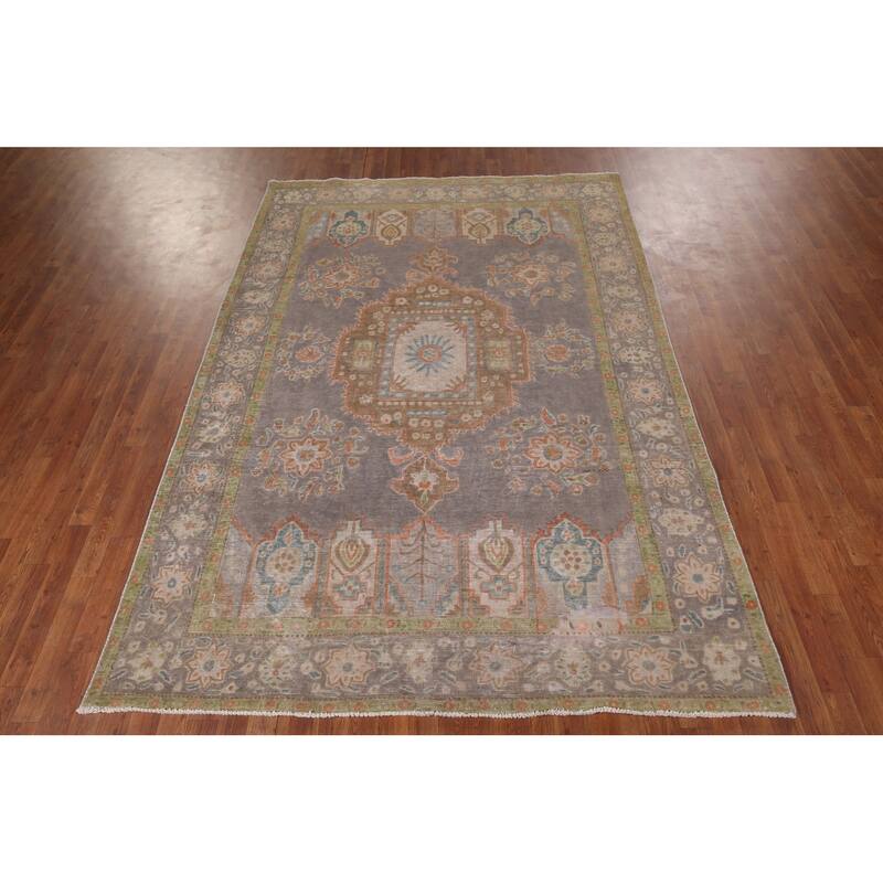 Gray Distressed Tabriz Vintage Persian Rug Hand-Knotted Wool Carpet - 6'7" x 9'8"