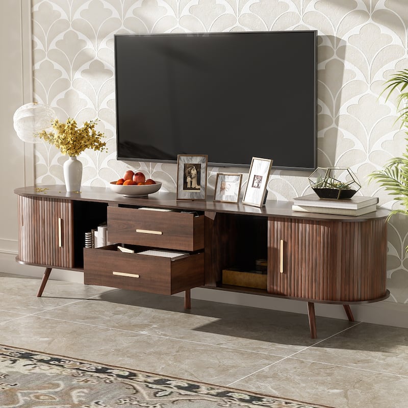 Rustic Dark Brown TV Stand Entertainment Center for up to 80 Inch TVs, Sliding Doors Media Cabinet TV Console with 2 Drawers