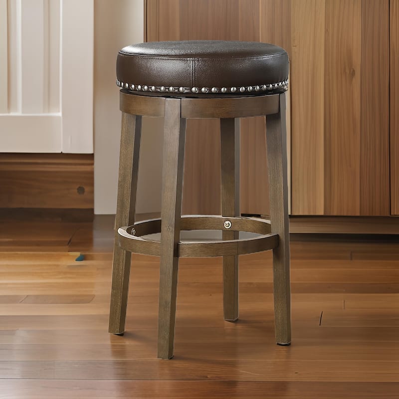 Bara 31 Inch Swivel Barstool, Brown Round Faux Leather Seat, Solid Wood