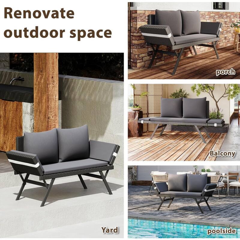 BOSSIN All-Weather Rattan Convertible Daybed - Outdoor Sofa w/ Adjustable Arms & Waterproof Cushions - Patio, Poolside, Porch