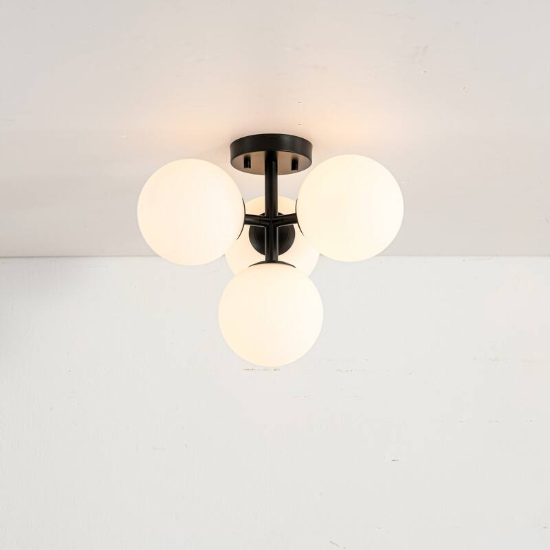 4-Light Mid-Century Modern Sputnik Brushed Gold/Matte Black Finish Semi-Flush Mount Ceiling Light with Opal Glass Globes