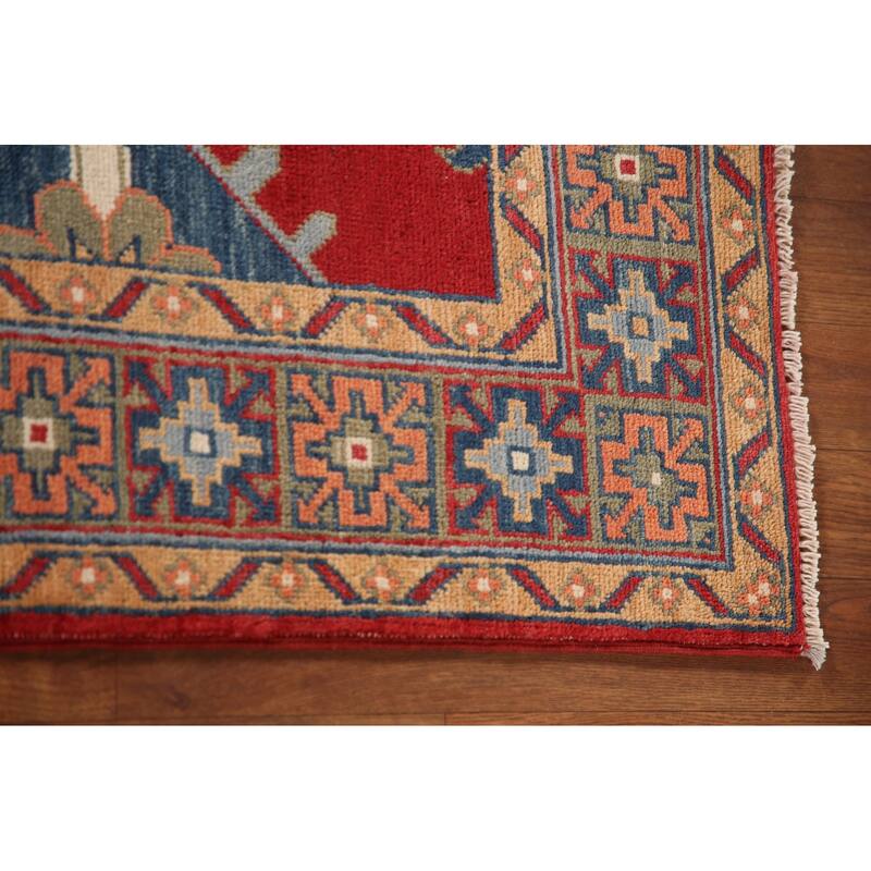 Red Geometric Kazak Accent Rug Hand-Knotted Wool Carpet - 3'4"x 5'0"