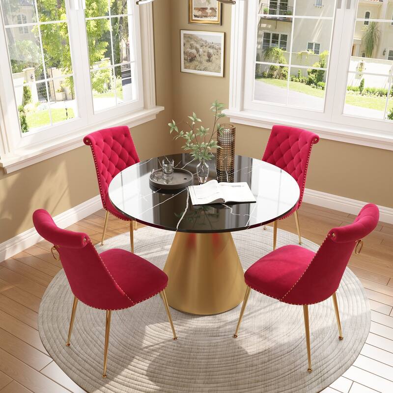 48" Marble Top Metal Dining Table with Velvet Dining Chair Set