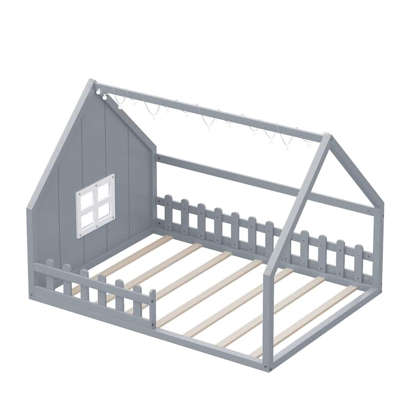 Solid Pinewood Full Size Floor House Bed Frame with Window and Fence