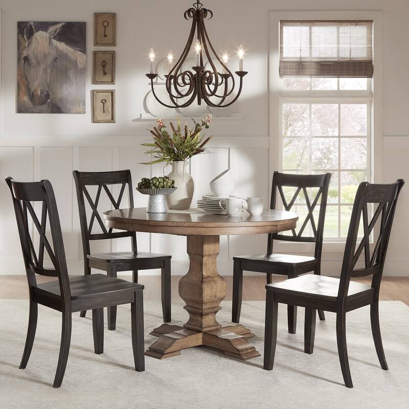 Eleanor Oak Round Solid Wood Top and X Back Chairs 5-piece Dining Set by iNSPIRE Q Classic - Oak Table - Antique Black Chairs