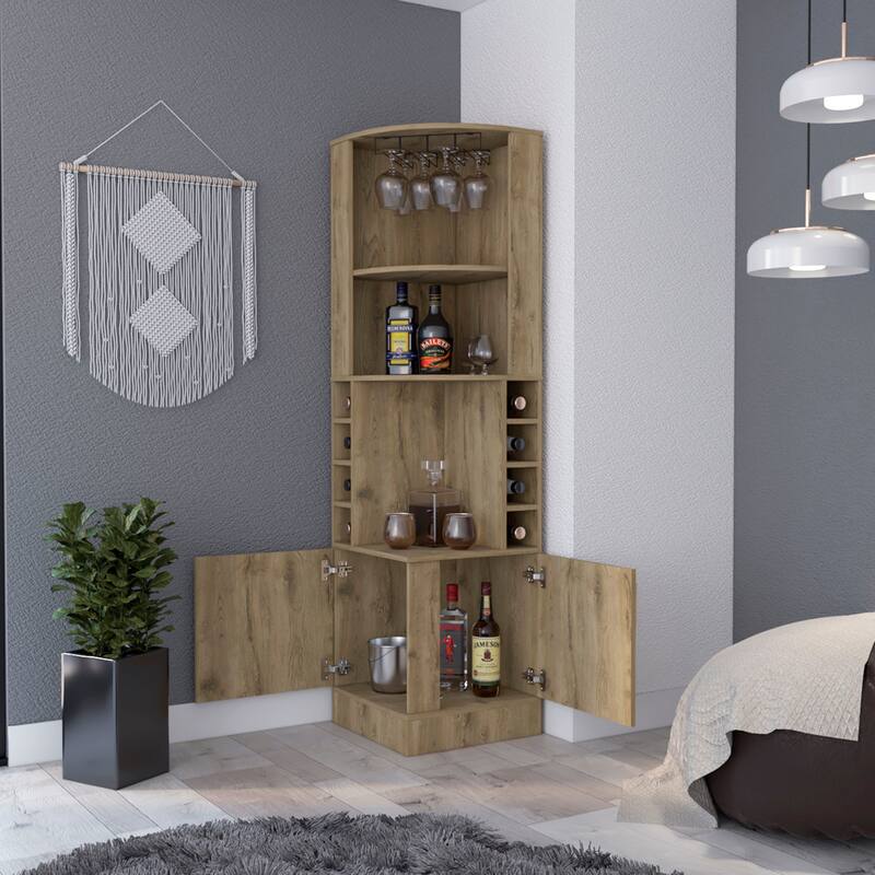 Bar Cabinet with Wine Bottle Storage & Concealed Shelves, 8-Bottle Display, Particle Board, 71" Tall - Natural