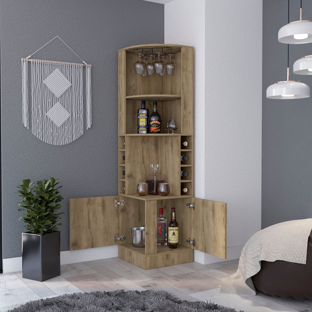 Bar Cabinet with Wine Bottle Storage & Concealed Shelves, 8-Bottle Display, Particle Board, 71" Tall