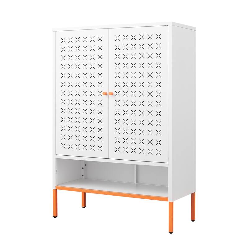 Anmytek Grid Double Door Shoe Cabinet with Adjustable Shelves & Hollow Shoe Storage, 15cm Moisture-Proof High Foot Design