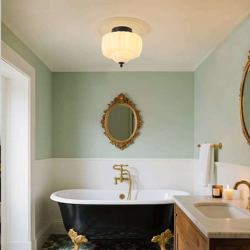 12.6" Modern Coastal Schoolhouse Semi-Flush Mount Ceiling Light with Milk Textured Glass for Bedroom, Kitchen, Entryways