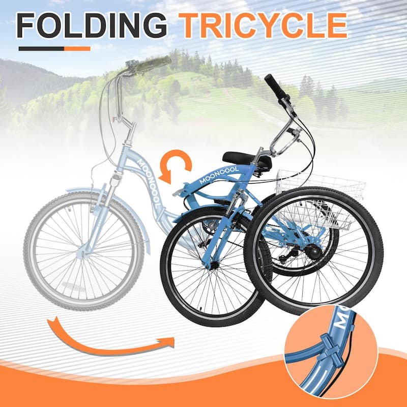 DoCred Adult Folding Tricycle, 7 Speed 3-Wheel Bicycle with Basket
