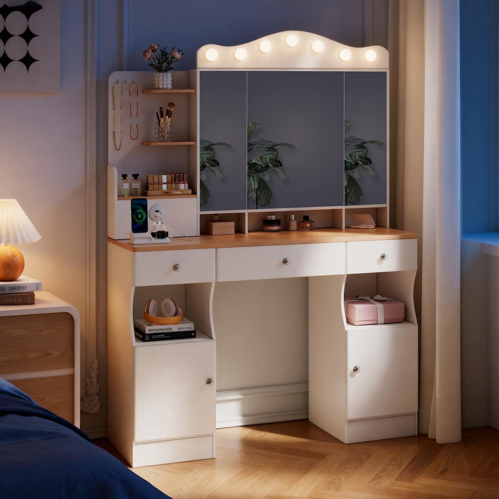 Makeup Vanity with Foldable Mirror & 3 Colors LED Lights, Vanity Desk with 2 USB Power Strip, 3 Drawers & 2 Cabinets