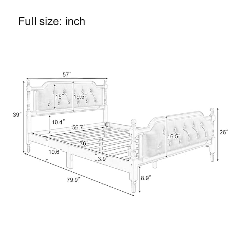 Full/ Queen/ King Size Traditional Style Solid Wood Bed Frame with Upholstered Button Tufted Headboard