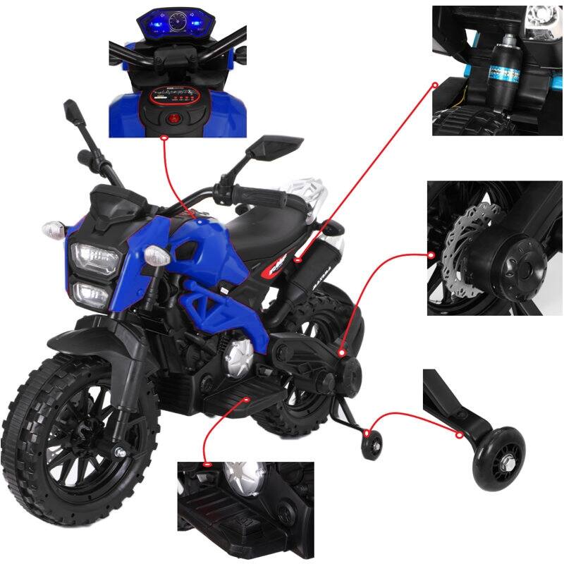 Electric Motorcycle with Built-in Music, 12V Ride On Motorcycle with PU Seat, Blue Exclusive Child Car with Training Wheels