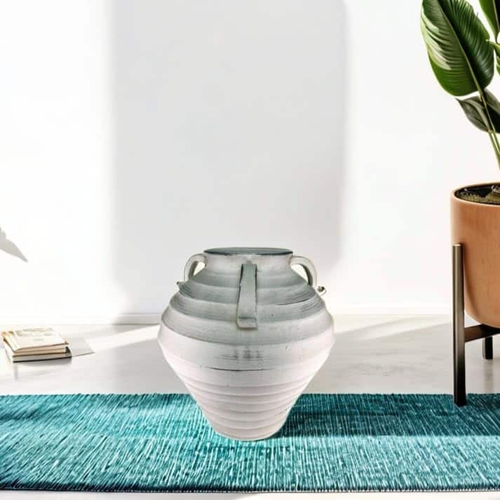 Bohemian Ceramic Urn Vase with Handles White Wash Vintage Finish