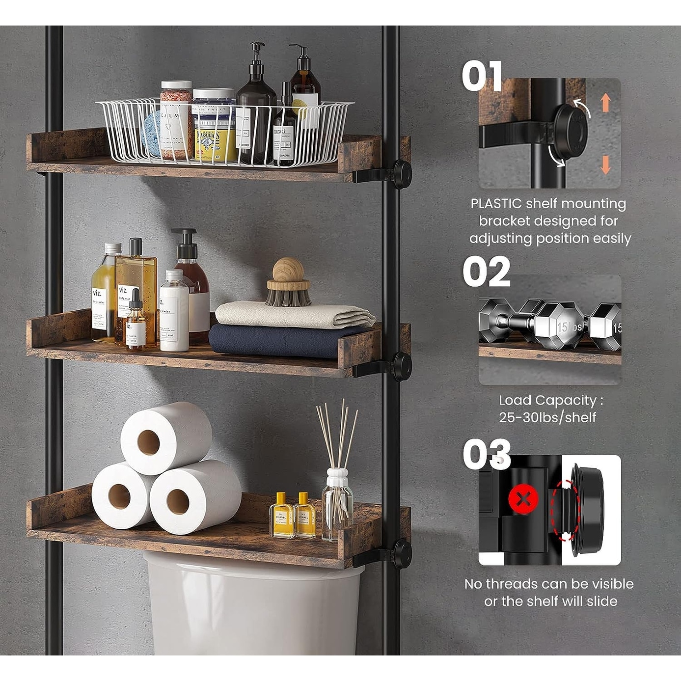 ALLZONE Bathroom Organizer, Over The Toilet Storage, 4-Tier Adjustable  Shelves for Small Room, Saver Space, 92 to 116 Inch Tall, Black