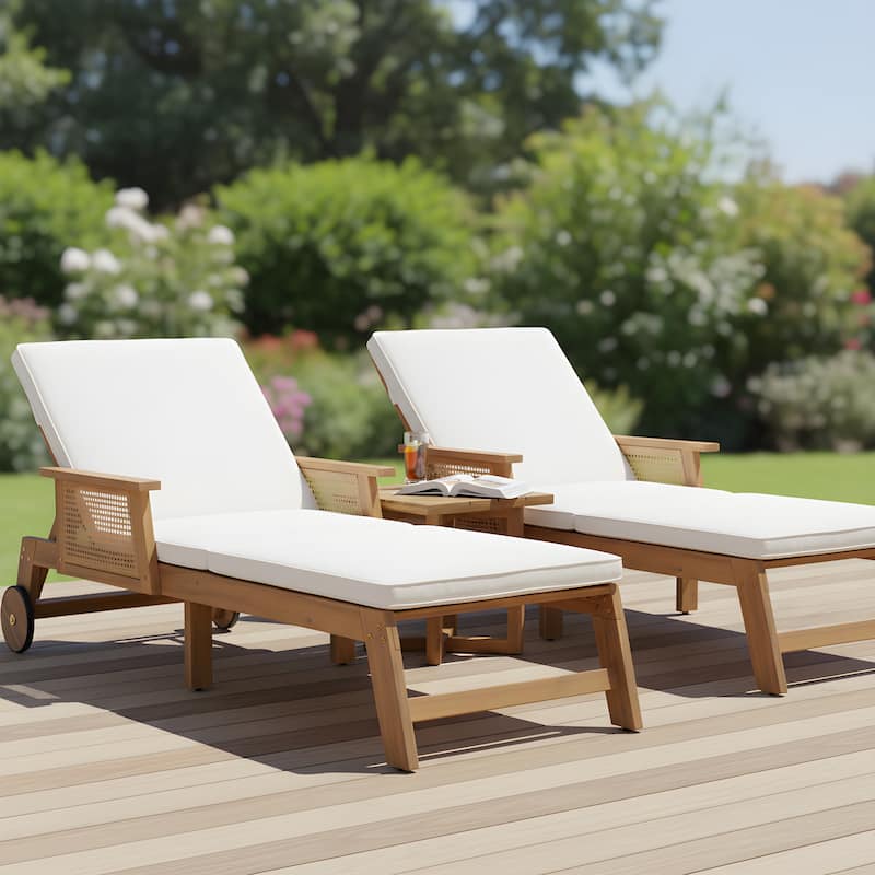 Christopher Knight Home - Aris Outdoor Acacia Wood Adjustable Chaise Lounge Set with 18" Square Slatted Side Table - 3-Piece Set-Brown+Beige