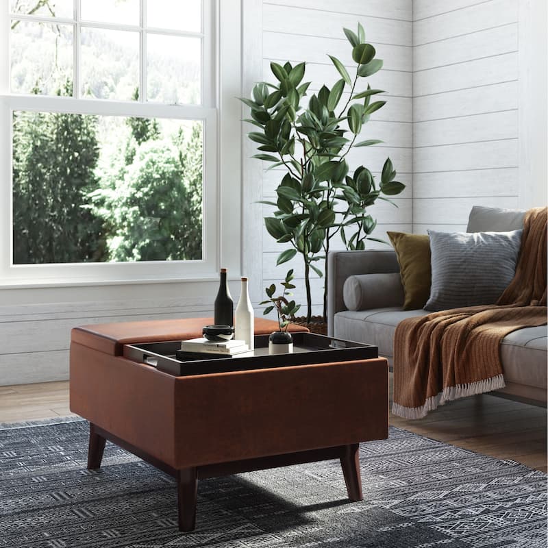 WYNDENHALL Ethan 34 inch Wide Mid Century Modern Rectangle Table Ottoman - Distressed Saddle Brown
