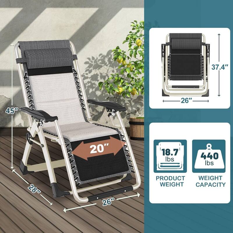 DoCred White Zero Gravity Chair, Patio Lounge Chair with Cup Holder - 26 "L x 28 "W x 45 "H