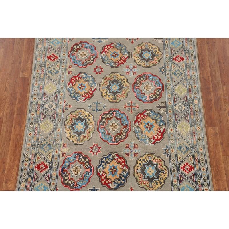 Geometric Grey Kazak Oriental Area Rug Handmade Wool Carpet - 4'10" x 6'11"