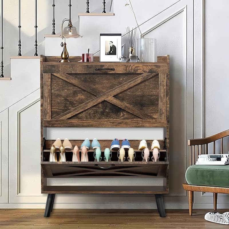 20 Pairs Shoe Storage Cabinet Wood Shoe Shoe Racks Organizer Boxes with 2 Flip Drawers for Entryway - Brown