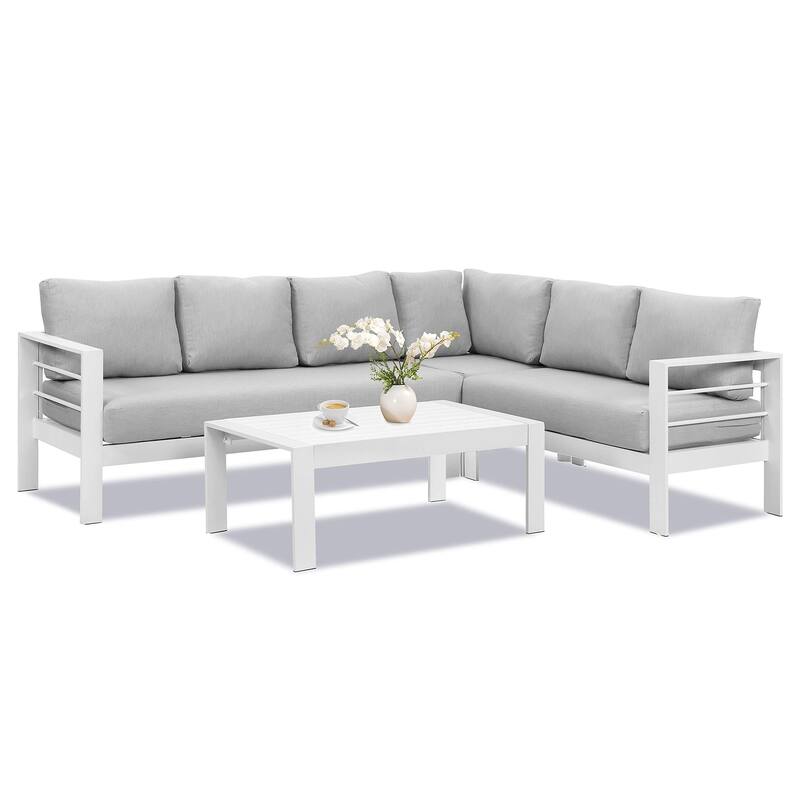 3-Pieces Outdoor All-Weather White Aluminum Sectional Sofa Conversation Set Corner Sofas with Light Grey Cushions