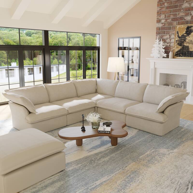 L-shape Linen Sofa Modern Upholstered Sectional Sofa with Ottoman - Beige