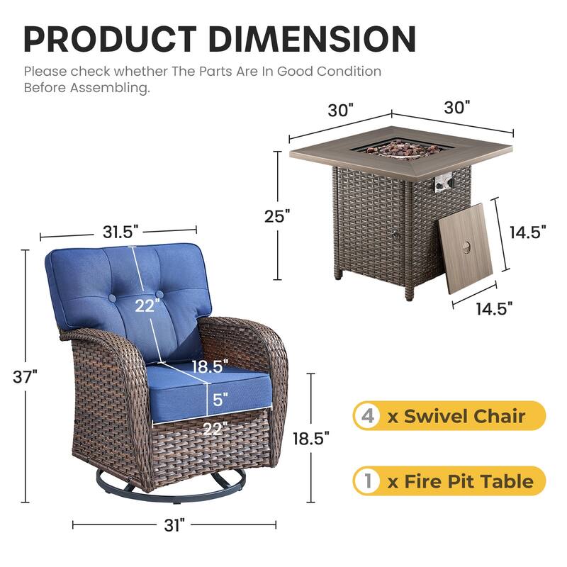 Gymojoy 5-Piece Outdoor Wicker Patio Furniture Set with 55,000 BTU Fire Pit Table, Swivel Chairs & Thick Cushions