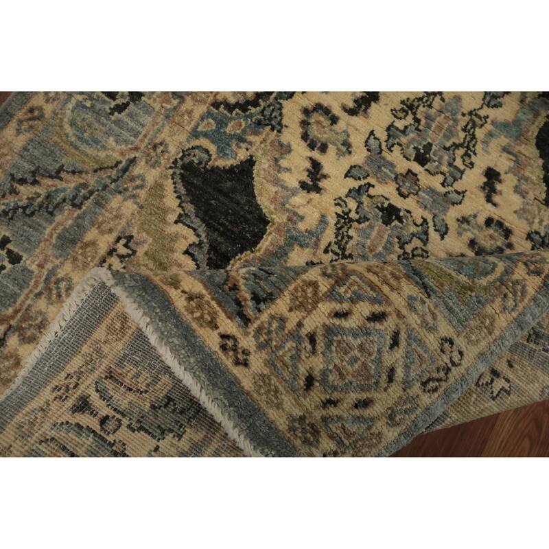 Hand Knotted Oriental 100% Wool Carpet Transitional Floral Greys & Charcoal Oushak Runner Rug - 9' 5'' X 2' 6''