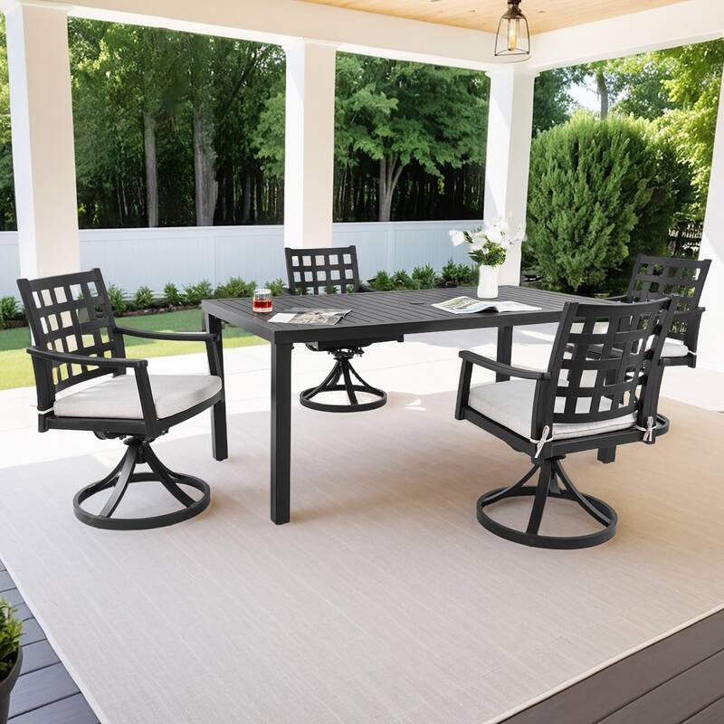 5 Piece Patio Dining Set, All Weather Outdoor Rectangular Dining Table Set with 4 Swivel Rocking Chairs and Umbrella Hole