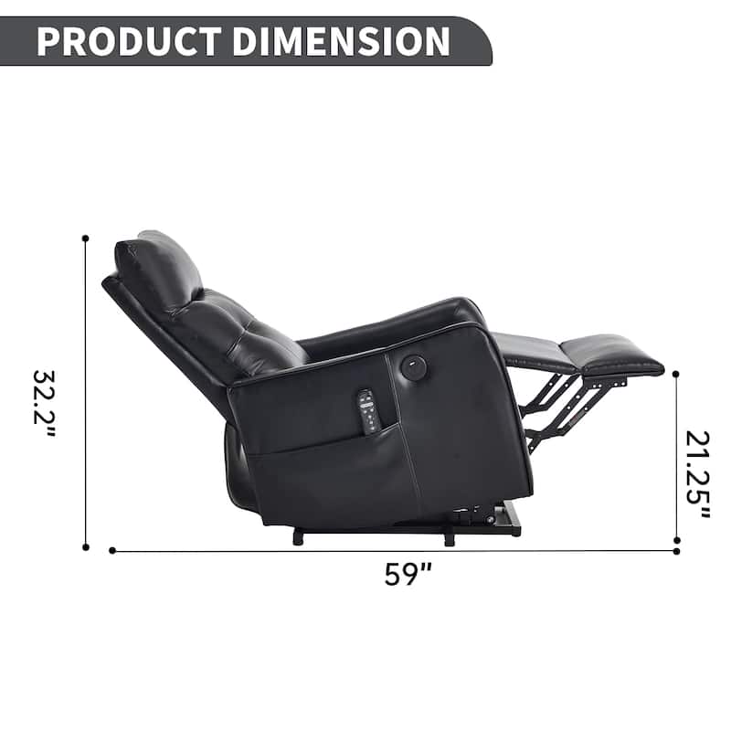 PU Leather Recliner with Single Motor Lift Massage Heat and 155 Degree Recline