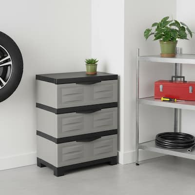 HomeRoots 30" Gray And Black Heavy Duty Plastic Three Drawer Utility Cabinet - 23.25 in. x 29.50 in. x 14.00 in.