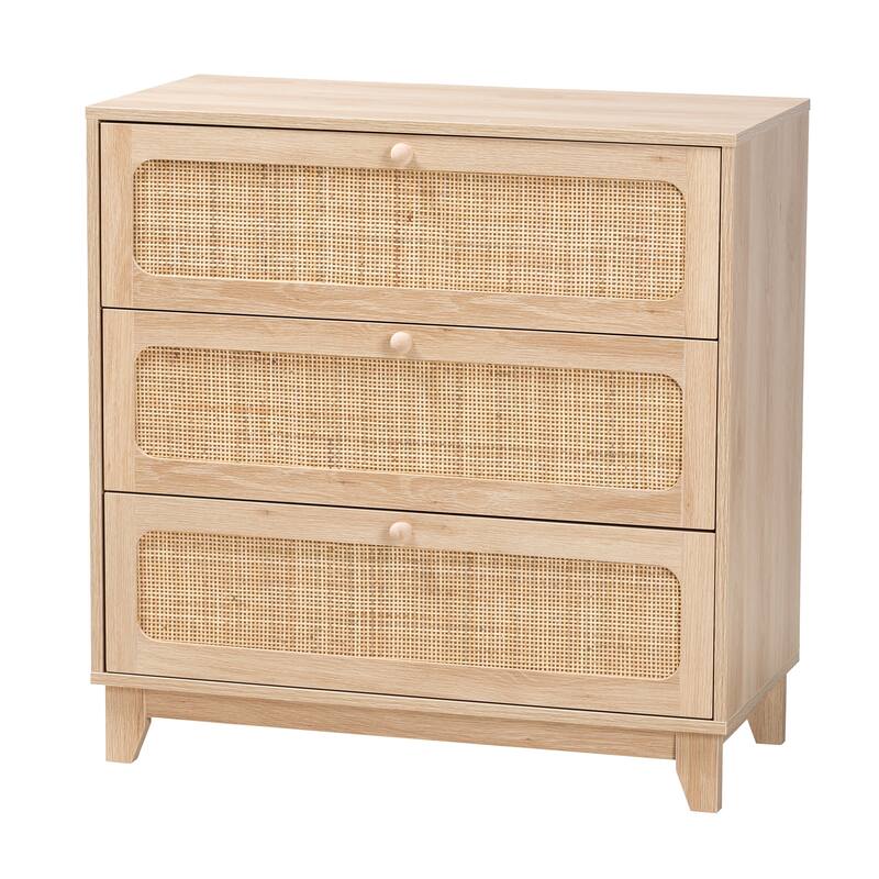 Elsbeth Japandi Oak Brown Finished Wood and Natural Rattan 3-Drawer Storage Cabinet - Oak Brown, Natural Brown