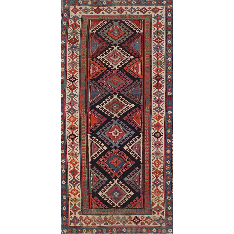 Hand Knotted Oriental 100% Wool Carpet Traditional Geometric Multi-Colored Kazak Runner Rug - 7' 6'' X 3' 4''