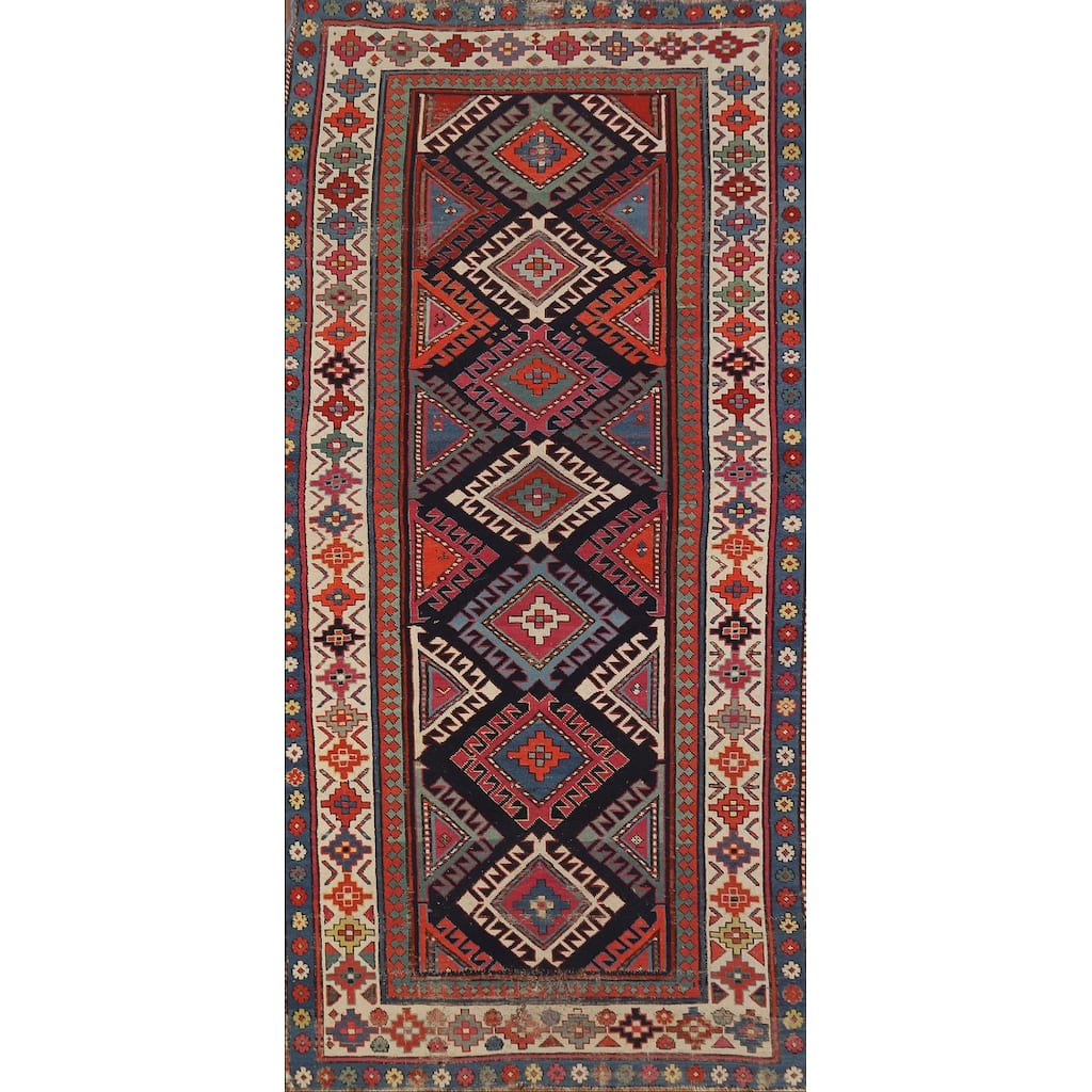 Hand Knotted Oriental 100% Wool Carpet Traditional Geometric Multi-Colored Kazak Runner Rug - 7' 6'' X 3' 4''