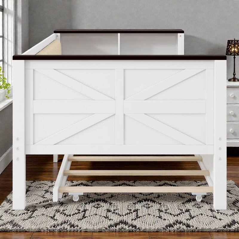 Wood Daybed with Storage Shelves, Upholstered Backrest, USB Charging Station and Trundle