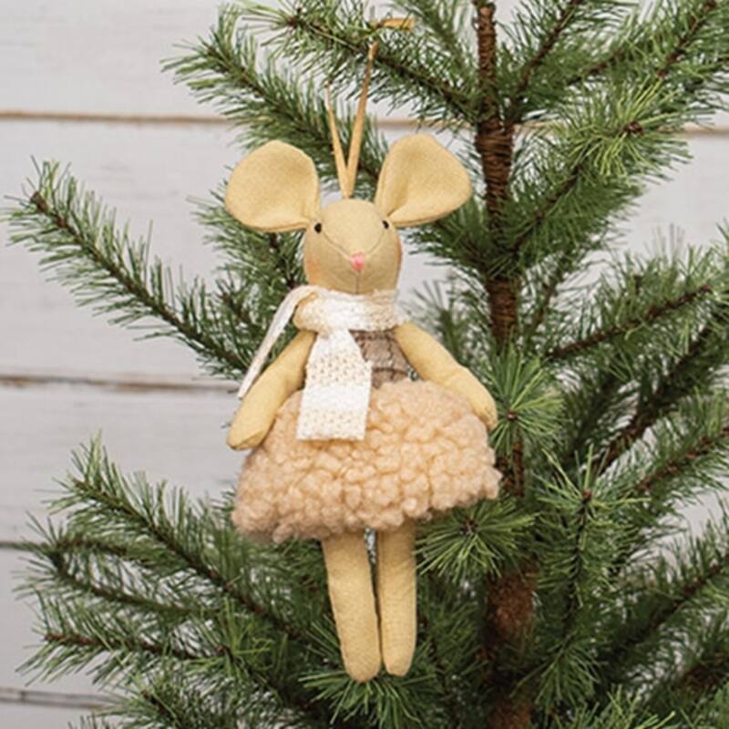 Pink-Beige Canvas Mouse Ornament with Sherpa Skirt and Ribbon Hanger - 3.75 x 2.50 x 7 in.