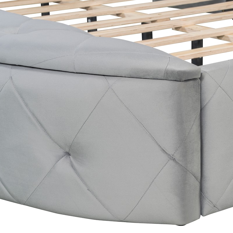 Low Profile Bed Queen Size Velvet Upholstered Platform Bed with Wingback Headboard, Big Drawer and 2 Semicircle Side Stools