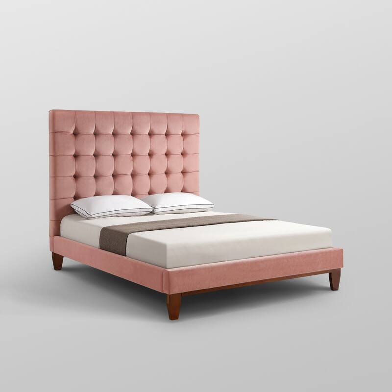 Blush Solid Wood Queen Tufted Upholstered Velvet Bed