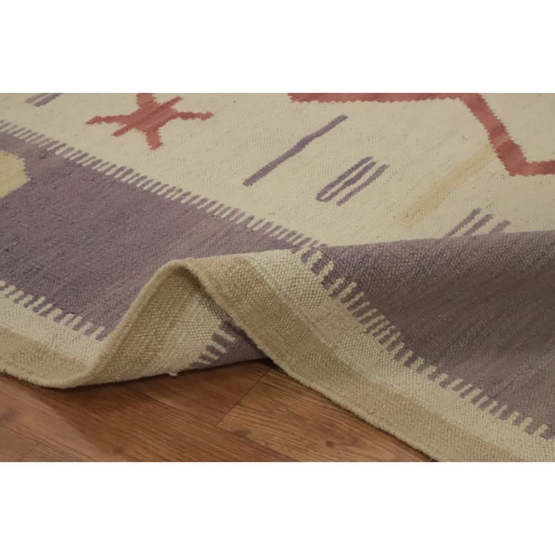 Hand Woven Oriental 100% Wool Carpet Southwestern Tribal Beige & Ivories Kilim Area Rug - 7' 10'' X 4' 10''