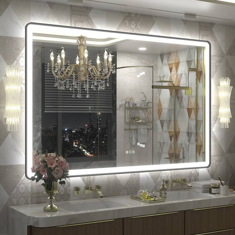 UL Certified Front & Back LED Anti-Fog Tempered Glass Framed Bathroom/Vanity Mirror 3-Year Warranty - 55" x 30"-Rounded Corner - Black