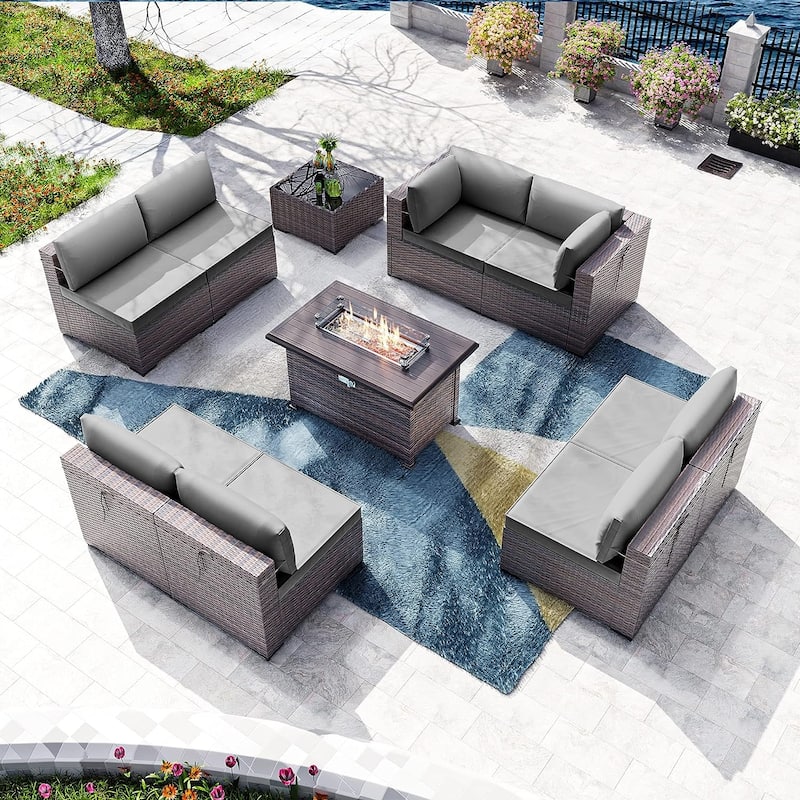 Kullavik 10 Pieces Outdoor Patio Furniture Set with Fire Pit Table - Grey