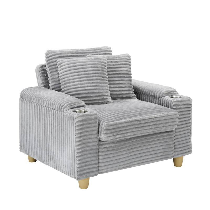 Corduroy Accent Chair & Storage Ottoman Set of 2, Single Sofa Armchair Lounge Chair with Pillows & Cup Holders