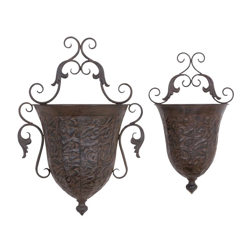 Brown Metal Indoor Outdoor Hanging Vintage Scroll Indoor Outdoor Wall Planter with Vine Accents (Set of 2)