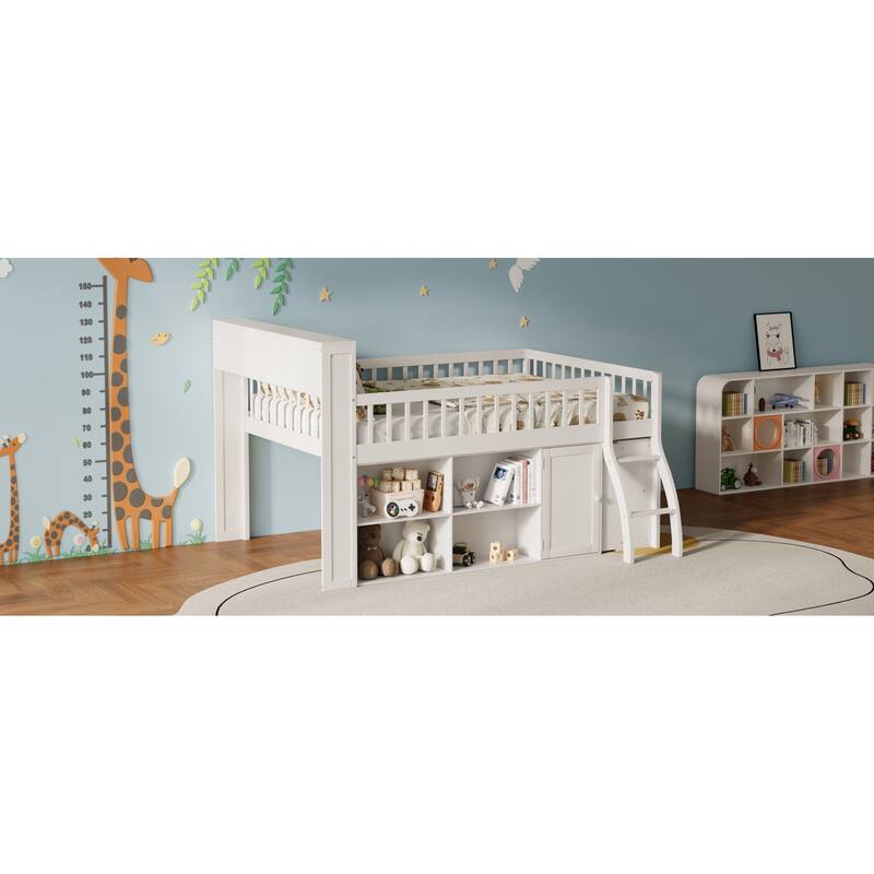 Roomfitters Full/Queen Loft Bed with Storage Shelves and LED Headboard