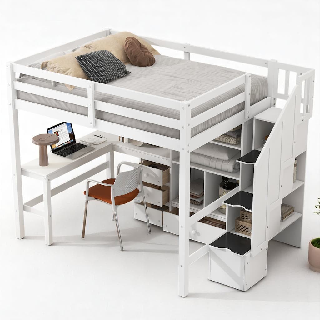 Space-Saving Full Loft Bed with Storage Stairs, Desk, Drawers & Cabinet - Solid Pine & MDF Construction