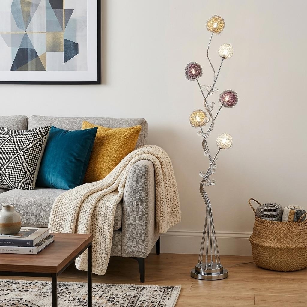 HomeRoots 59" Silver Six Light LED Novelty Floor Lamp With Purple And White Metal Novelty Shade